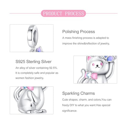 925 Sterling Silver Bead Charm for Pandora Bracelets and Necklaces,Pink Bow Cherry Butterfly Blue Ocean Pendant Bead Charms Jewelry Present Valentines Gifts for Wife/Girlfriend Women - style: Kitten playing with Butterflies