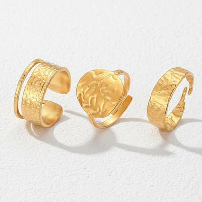 3Pcs Gold Chunky Hammered Geometric Open Ring Set for Women,Boho Retro Textured Stackable Band Statement Rings Modern Minimalist Jewelry Gifts - color: Golden