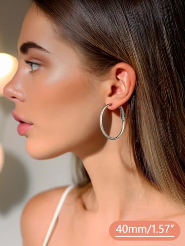 FaithHeart Silver/Black/Gold Stainless Steel Thin Hoop Earrings for Women | 2mm Wide Thin Large Hoop Earrings, Hypoallergenic Lightweight Trendy Jewelry, 20/30/40/50/60/70/80/90/100mm - color: Silver, size: 40mm/1.57"