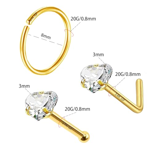 3 Pcs 14K Gold Filled Nose Studs 20G Stainless Steel Stud Nose Ring 2mm/2.5mm/3mm Round CZ L Bend Nose Stud Hypoallergenic Nose Piercing - color: gold hoop stud 8