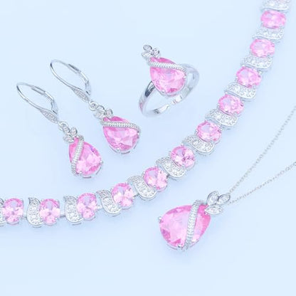 GZWHD Jewelry Set for Women CZ Earrings Necklace Ring Bracelet Set Prom Party Wedding Jewelry Gift for Mother Friend Wife - color: A-Pink
