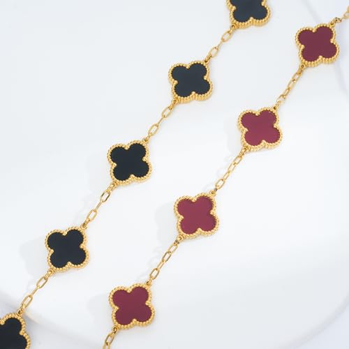 Waterproof Four-Leaf Clover Bracelet,Adjustable Link Double Sided Jewelry, Lovely Fashion Jewelry Gift for Women - color: Black Bracelet + Red Bracelet