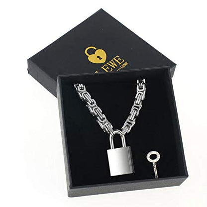 Heart Padlock Collar Stainless Steel Lock Necklace Byzantine Chain Necklace Locking Collar Choker for Men Women Jewelry - style: C