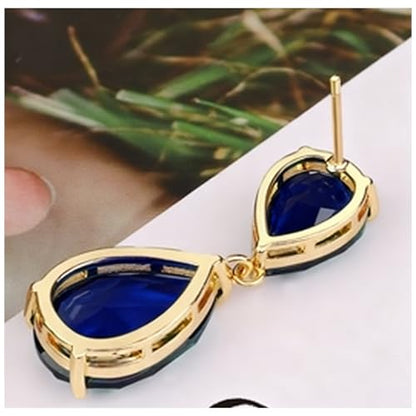 Teardrop Crystal Drop Earrings for Women, 14K Gold Plated Large Double Teardrop Dangle Earrings,Rhinestone Earrings for Wedding Prom Bridesmaid Party,Emerald/Red/Blue/Black/Pink/White Statement Earrings - color: Navy Blue