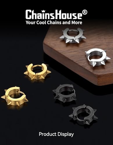 ChainsHouse Stud Earrings for Men Women,316L Stainless Steel/14K Gold/Black Plated Metal, Punk Hypoallergenic Surgical Huggie Hoop Earrings Mens Jewelry Piercing Hoop Earrings - style: D: Black-Spike(1 Pair)