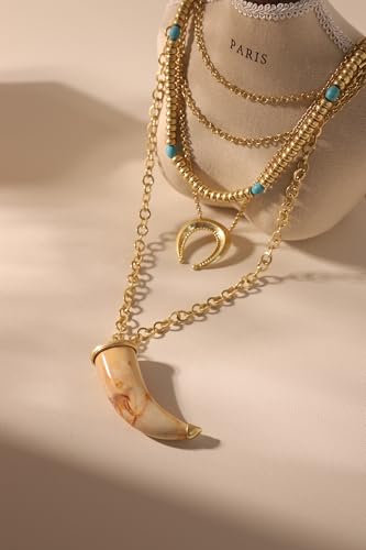 Dainty Layered Chain Necklace Horn Moon Disk Pendant Necklace Bohemian Beaded Charms Necklace