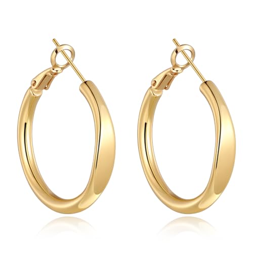 sovesi Flat Edge Chunky Hoop Earrings for Women 14k Gold Plated, 5mm Thick Hoops, Lightweight Hypoallergenic Hoop Earrings - color: Gold 30mm