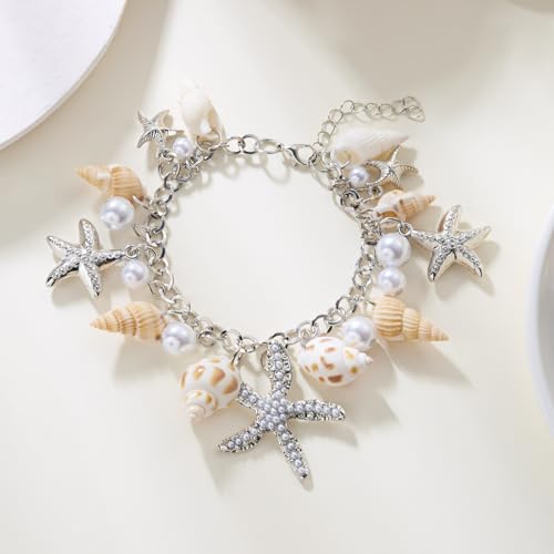 Shell Starfish Bracelet Seahorse Conch Starfish Sea Shell Pearls Charm Stone Bracelet Statement Bohemian Sea Themed Beach Jewelry for Women - color: Silver