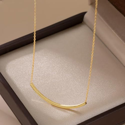 SLUYNZ Solid 925 Sterling Silver Minimalist Bar Choker Necklace for Women Teens Curved Tube Bar Pendant Necklace - color: B-18K Gold Plated