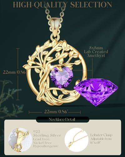 FANCIME Tree of life Birthstone necklace Sterling Silver Pendant Birthstone Necklace Gemstone Anniversary Birthday Jewelry Mothers Day Gifts for Mom Her Wife - color: Yellow gold-2-amethyst