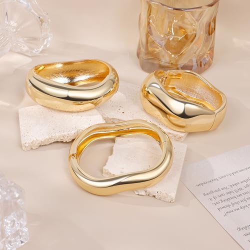 Chunky Gold Bangles Bracelets for Women, 14k Gold Plated Hinged Big Stackable Bangles Set, Trendy Wide Statement Cuff Bracelets Stack Fashion Jewelry Gifts - color: Gold-3pcs-Styles-1