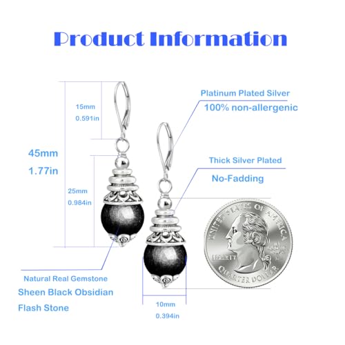 Natural 10mm Stone Beads Drop Earrings,Retro Silver Round Quartz Crystal Gemstone Beads Dangle Earrings for Women - color: A14_Sheen Obsidian