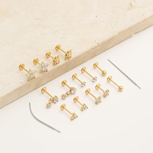 Threadless Flat Back Earrings Studs 20G Surgical Steel Push in Nose Studs Rings Cartilage Helix Tragus Conch Lip Labret Medusa CZ Nostril Piercing Jewelry for Women Gold Silver Tone - color: Gold