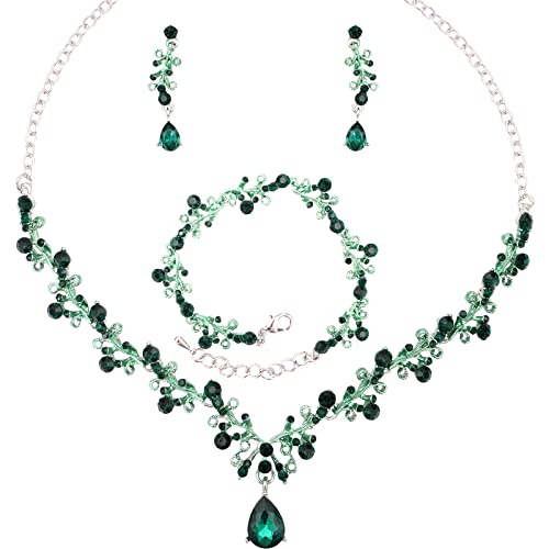 3Pcs Austrian Crystal Jewelry Set for Women, Necklace Dangle Earrings Link Bracelet Jewelry Set with Gold/Platinum/Gun Plated, Wedding Party Jewelry for Bridal Bridesmaid - color: Green-Platinum Plated
