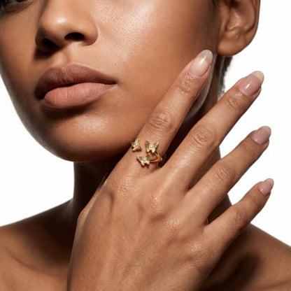 LAZA 925 Sterling Silver Ring for Women Statement Adjustable Open Ring | 14K Gold Plated Butterfly Cat Fish Evil Eye Flower Cross CZ Stackable Trendy Eternity Ring for Women Jewelry Gifts - color: Butterfly