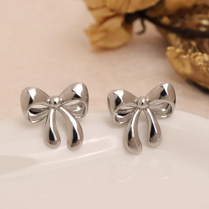 Jean Beau Chunky Gold Stud Earrings for Women Trendy Gold Plated Dangle Drop Prom Birthday Fashion Office Jewelry Gift - color: Silver Bow
