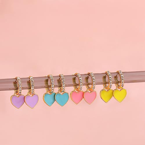 Preppy Love Heart Hoop Earrings for Women Teen Girls Gold Plated Cubic Zirconia CZ Charms Dangle Drop Huggie Small Hoops Cartilage Earring Fashion Colorful Y2K Jewelry Cute Gifts - color: Pink
