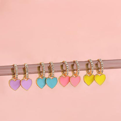 Preppy Love Heart Hoop Earrings for Women Teen Girls Gold Plated Cubic Zirconia CZ Charms Dangle Drop Huggie Small Hoops Cartilage Earring Fashion Colorful Y2K Jewelry Cute Gifts - color: Pink
