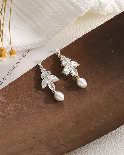 Pearl Earrings for Women, 14k Gold Plated Trendy Diamond Pearl Drop Earrings Bridal Shower Gifts Wedding jewelry for Women - color: Style E Gold