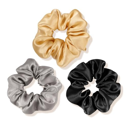 OLESILK 3 Count, 100% Mulberry Silk Scrunchies for Women, Silk Hair Ties for Curly Hair, Pink, Black, Navy, 19MM, 6A Grade, Hair Accessories - color: Gold