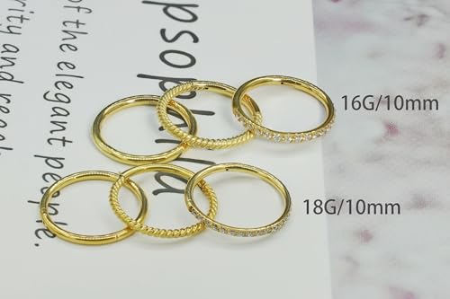 16G 18G 6mm 8mm 10mm Hinged Clicker Segment CZ Twisted Clicker Nose Rings Hoop Helix Cartilage Daith Tragus Sleeper Earrings Body Piercing for Women Men - style: 18G - 10mm - 3Pcs Gold