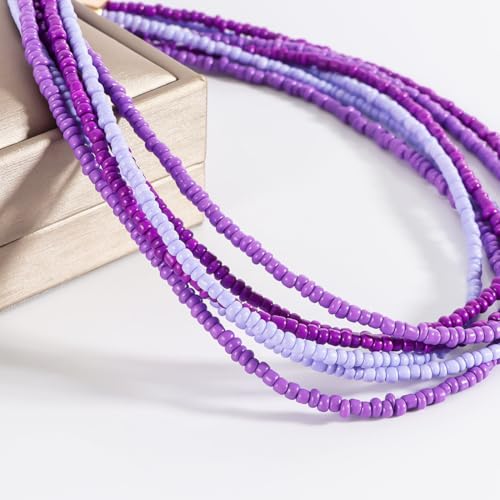 Colorful Multi-layered Seed Beaded Necklace Choker For Women Bohemian Handmade Crystal Stone Gemstone Hawaiian Necklace Holiday Birthday Summer Beach Jewelry Gift - color: Purple