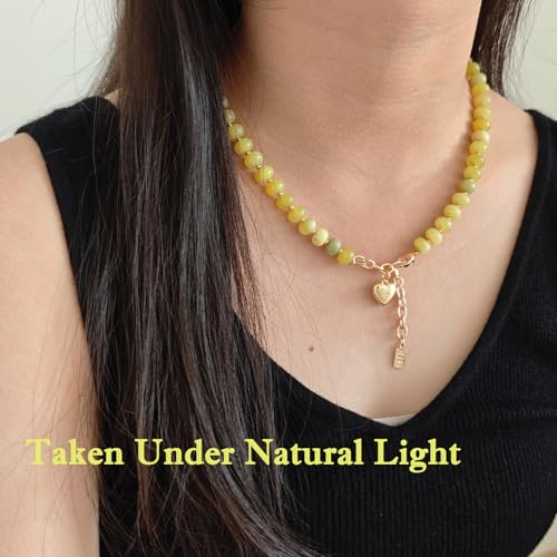Boho Gemstone Beaded Necklace for Women – Colorful Natural Stone Choker 18K Solid Heart-Shaped Pendant, Summer Beach Jewelry - color: Lemon Jade