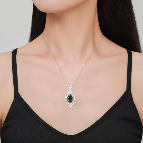 Birthstone Necklace for Women S925 Sterling Silver Teardrop | With Cubic Zirconia and Gemstones - Ideal Birthday Jewelry Gift for Her, Girlfriend, Wife, Mom on Birthday, Anniversary - color: 08 - Peridot