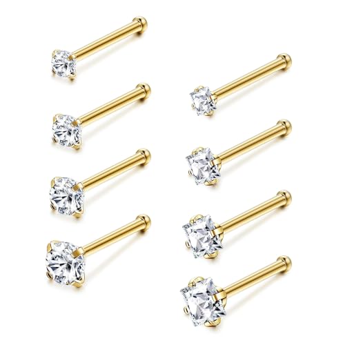 Jstyle 18G 20G Nose Rings Stud for Women Men Silver/Gold Nose Studs 8Pcs | Hypoallergenic 316L Stainless Steel Nose Rings for Sensitive Skin, 1.5/2/2.5/3MM Cubic Zirconia Nose Piercing Jewelry - color: 14K Gold Plated-20G