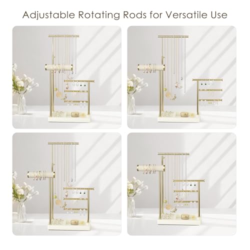 SZQINJI 5 Tier Jewelry Holder Organizer, Gold Necklace Stand Display, Beige | Velvet Bracelet Holder, Adjustable Height Jewelry Display for Necklaces, Bracelets, Earrings, Rings, Gift Idea for Women - color: Beige