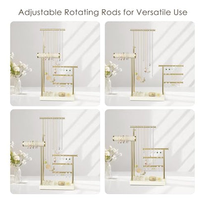 SZQINJI 5 Tier Jewelry Holder Organizer, Gold Necklace Stand Display, Beige | Velvet Bracelet Holder, Adjustable Height Jewelry Display for Necklaces, Bracelets, Earrings, Rings, Gift Idea for Women - color: Beige