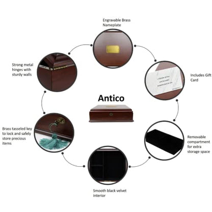 Antico Wooden Lockable Memory and Treasure Box for Keepsakes, Photos, Letters, Jewelry and More