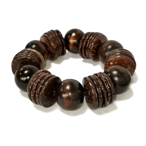 Caiyao Bohemian Wooden Round Beaded Chunky Stretch Bracelet Ethnic Boho Bangle Coconut Husk Beads Jewelry Wood Elastic Wristband for Women