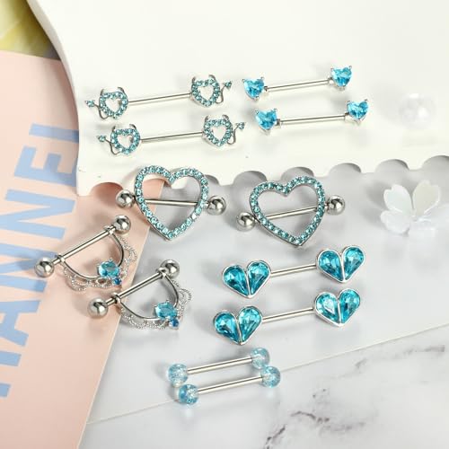 TIANCI FBYJS 6 Pairs Nipple Rings Stainless Steel Heart Butterfly Moon Flower CZ Stud Barbell Tongue Rings Set Cute Nipplerings Piercing Jewelry for Women Pink Tone - color: aqua