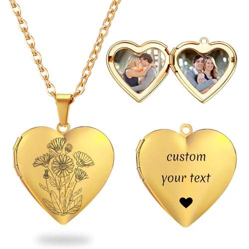 PHOCKSIN Personalized Locket Necklace for Women Photo Necklace with Customized Picture Birth Flower Birthstone Customizable Birthday Gifts - color: #19-Heart Gold Birthflower
