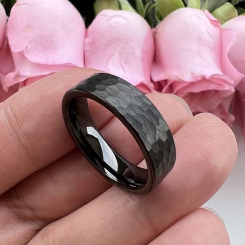 TUTISS 6mm 8mm Silver/Black/Gunmetal/Gold/Rose Gold Hammered Tungsten Rings for Men Women Couple Fashion Jewelry Engagement Wedding Bands Matte Finish Comfort Fit - color: 6mm Black I Love You Engraved
