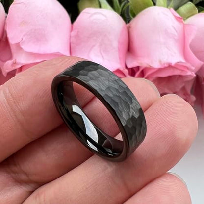 TUTISS 6mm 8mm Silver/Black/Gunmetal/Gold/Rose Gold Hammered Tungsten Rings for Men Women Couple Fashion Jewelry Engagement Wedding Bands Matte Finish Comfort Fit - color: 6mm Black I Love You Engraved