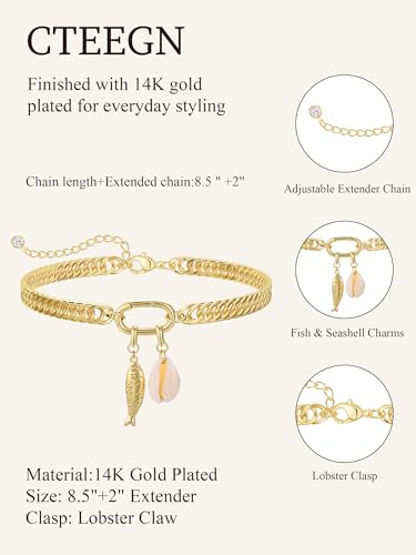 Anklets for Women Waterproof, 14K Gold Plated Anklet Non Tarnish | Ankle Bracelet for Women with Removable Starfish Shell Charms, Cuban Link Anklet for Big Ankles, Summer Beach Jewelry - style: Style3