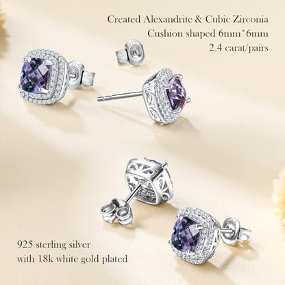 Dainty Birthstone Earrings for Women Sterling Silver Small Stud Earrings with Halo Cushion/Round Created Gemstone Earrings Birthstone Jewelry - style: A 06. Jun./created alexandrite-cushion cut