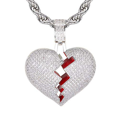 Broken Heart Pendant Necklace Hip Hop CZ Fully Iced Out Bling CZ Diamond 24K White Gold Plated with 24" Stainless Rope Chain - color: Silver