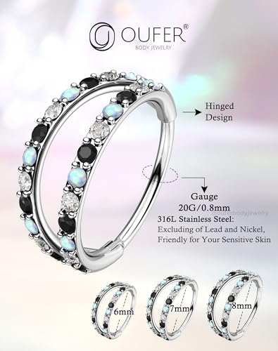 OUFER 20G Nose Rings for Women, 316L Surgical Steel Double Hoop Nose Piercing Jewelry, Opal and CZ Septum Lip Eyebrow Cartilage Conch Rook Helix Tragus Daith Earrings Piercing Jewelry-6/7/8MM - color: Black CZ