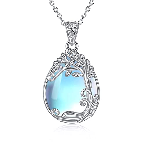 YAFEINI 925 Sterling Silver Moonstone Necklace Filigree Teardrop Pendant Necklace Jewelry for Women Girls - color: B-Tree of Life Moonstone Necklace