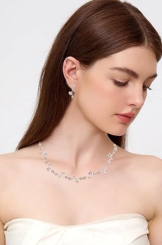 Elegant Brides Austrian Crystal Flower Choker Necklace Drop Dangle Earring Bracelet Wedding Jewelry Set for Bridesmaid Prom Costume Jewelry Set for Women - color: AB Crystal-Platinum Plated