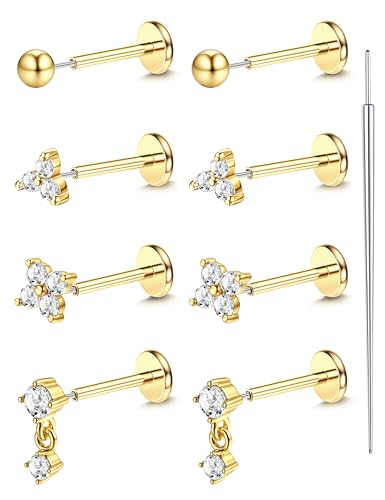 LOLIAS 18K Gold Plated Threadless Flat Back Earrings Studs Hypoallergenic | 316L Surgical Steel Push in Nose Rings Studs 20G CZ Tragus Cartilage Helix Conch Lip Labret Medusa Nostril Piercing Jewelry - color: 18K Gold Plated, size: 20G(0.8mm)-Flower&Ball&