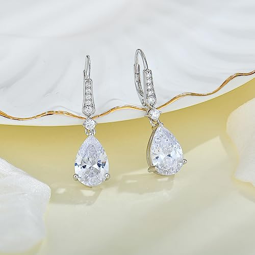 Women 925 Sterling Silver Birthstone Teardrop Leverback Drop Dangle Earrings 8 * 12mm 5A Cubic Zirconia Jewelry for Her - color: April,Zirconia