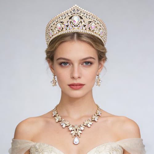 Princess Tiara Crown and Jewelry Sets for Women Wedding Rhinestone Crystal Tiaras and Crowns with Necklace Earrings Party Birthday Accessories - color: Gold AB