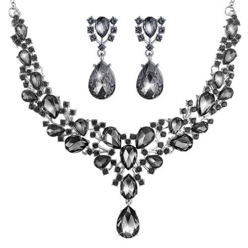 Hicarer Bridal Teardrop Cluster Crystal Jewelry Set for Women Necklace Earrings Wedding - color: Gray Black
