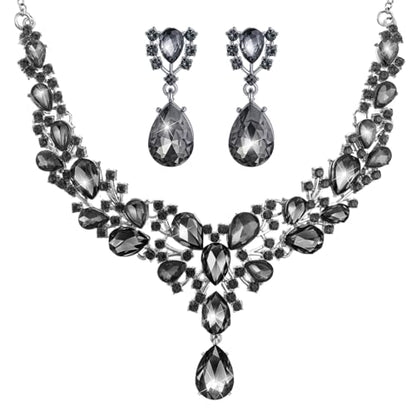Hicarer Bridal Teardrop Cluster Crystal Jewelry Set for Women Necklace Earrings Wedding - color: Gray Black