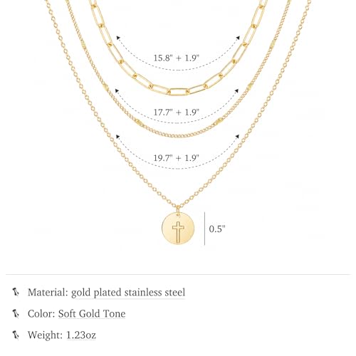 Glowave 14K Gold Plated Layered Stack Chunky Coin Cross Necklace for Women