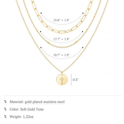 Glowave 14K Gold Plated Layered Stack Chunky Coin Cross Necklace for Women